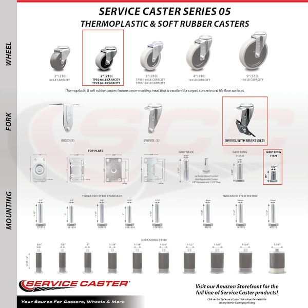 Service Caster 2 Inch Thermoplastic Wheel 7/8 Grip Ring Stem Caster Set with Brakes, 5PK SCC-GR05S210-TPRS-SLB-71678-5 - main